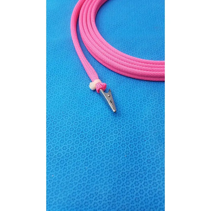 Pink braided cable with a silver metal clip and male plug for reuse medical applications