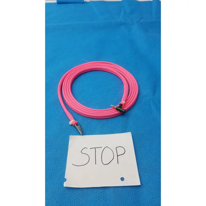 Pink braided cable with metallic alligator clips and male plug designed for reuse medical applications