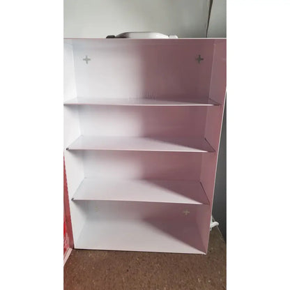 Pink cardboard aid cabinet with four shelves and plus-sign mounting holes uline h-5951 3-shelf model
