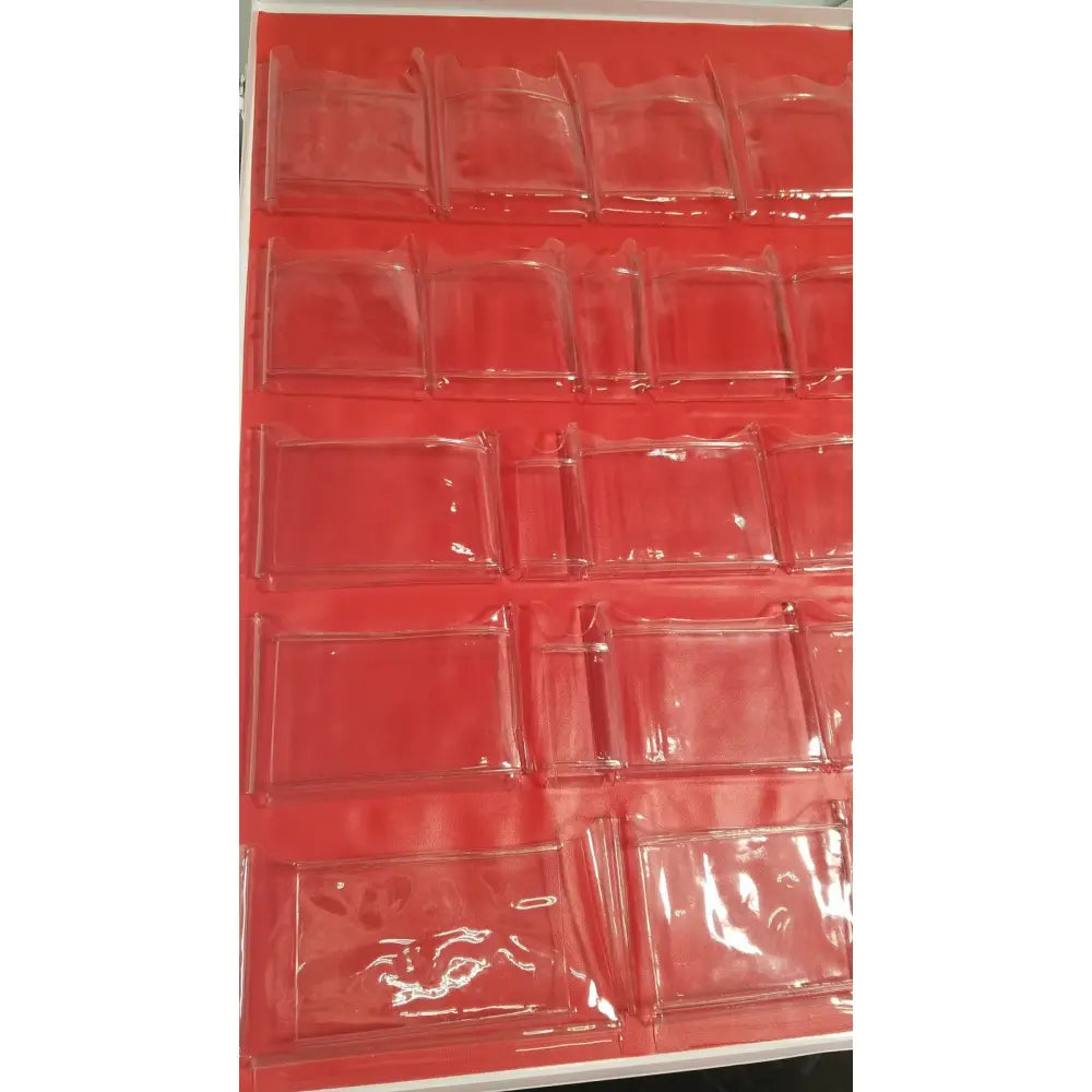 Red plastic wallet organizer with clear rectangular compartments for uline h-5951 3-shelf first aid cabinet aid cabinet