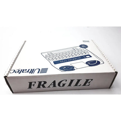 White cardboard box with blue ultratec superprint vintage keyboard art marked fragile for telephone printer tty device