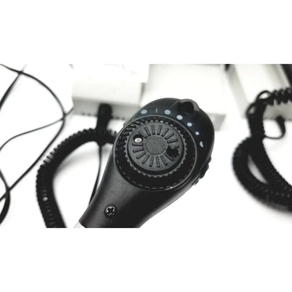 Black plastic ulvac air compressor walkie-talkie with circular dial and blue led indicators for industrial use