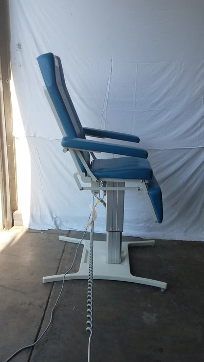 Blue upholstered UMF 29ZE 8677 power exam phlebotomy chair with silver metal frame and adjustable height mechanism