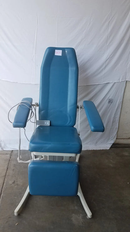 Blue padded UMF Medical Equipment power exam phlebotomy chair with white metal frame and adjustable armrests