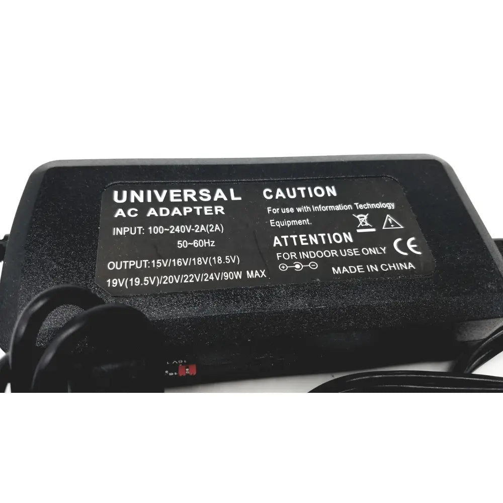 Black universal ac adapter back side showing labeled adapter input 100-240v-2a and output 15v 16v 18 5v specifications