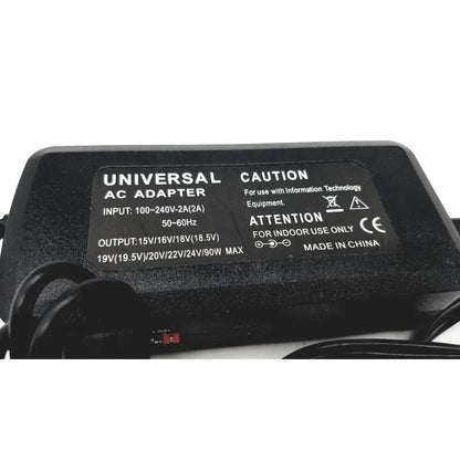 Black universal ac adapter back side showing labeled adapter input 100-240v-2a and output 15v 16v 18 5v specifications