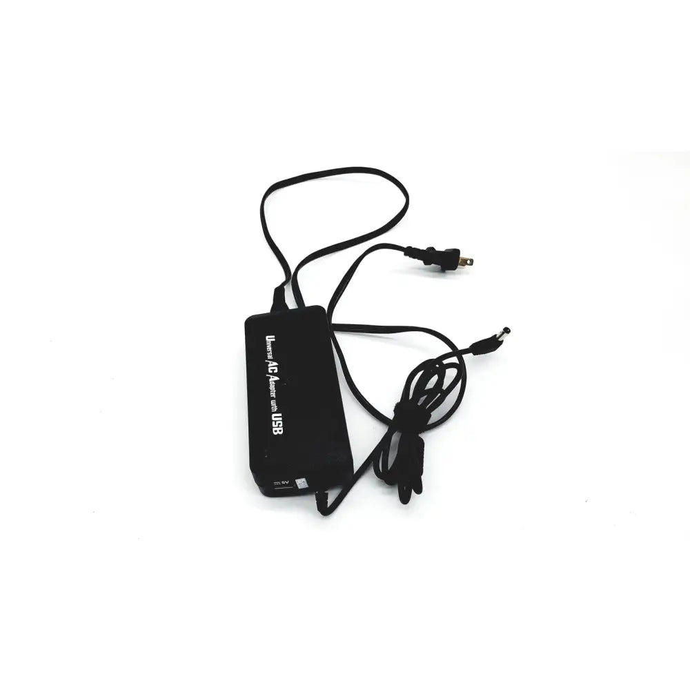 Black rectangular universal ac adapter with usb port and coiled power cord adapter input 100-240v-2a for laptops