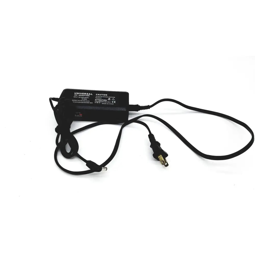 Black universal ac adapter with coiled power cord featuring 100-240v-2a adapter input for versatile voltage output