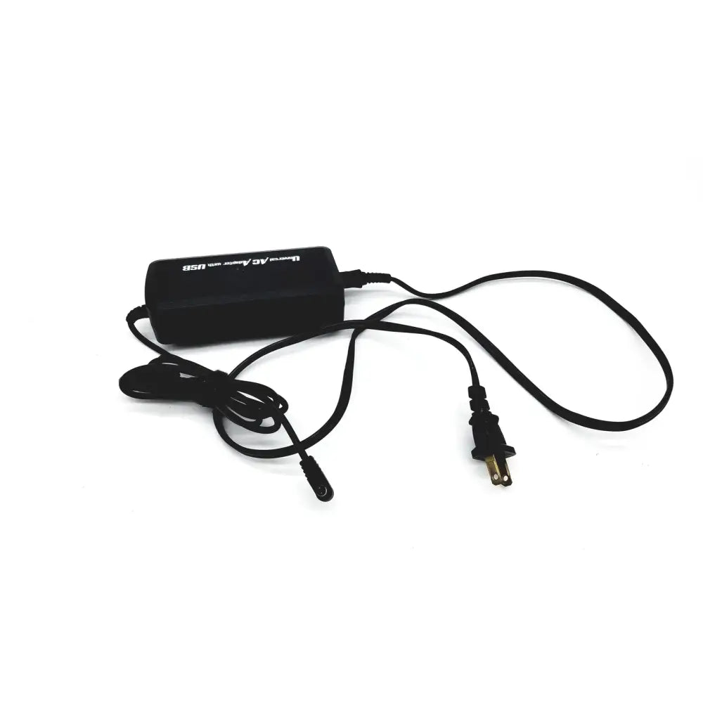 Black rectangular universal ac adapter with coiled cord and plug input 100-240v-2a for versatile power use