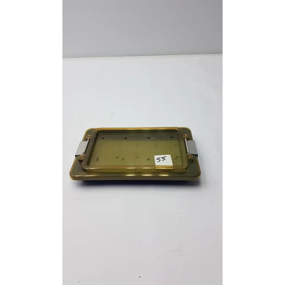 Translucent olive green plastic universal instrument sterilization container with metallic hinges and ss label