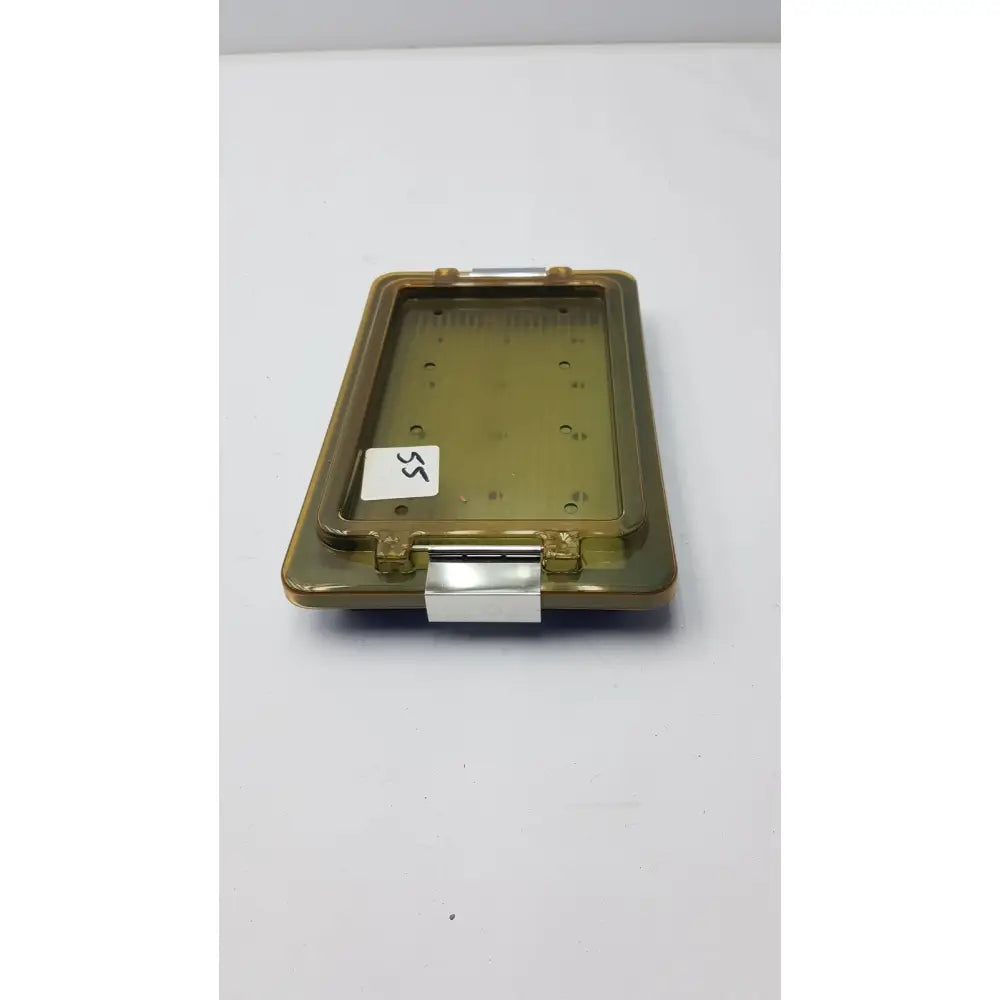 Olive-green universal instrument sterilization container with silver metal clasp and white ss label on lid for instrument sterilization