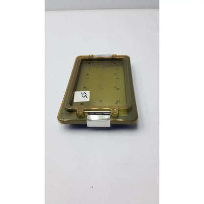 Olive-green universal instrument sterilization container with silver metal clasp and white ss label on lid for instrument sterilization