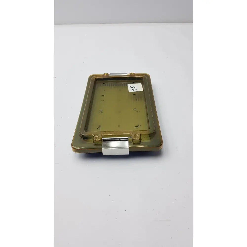 Olive green translucent plastic universal instrument sterilization container with silver metal clasp for secure closure