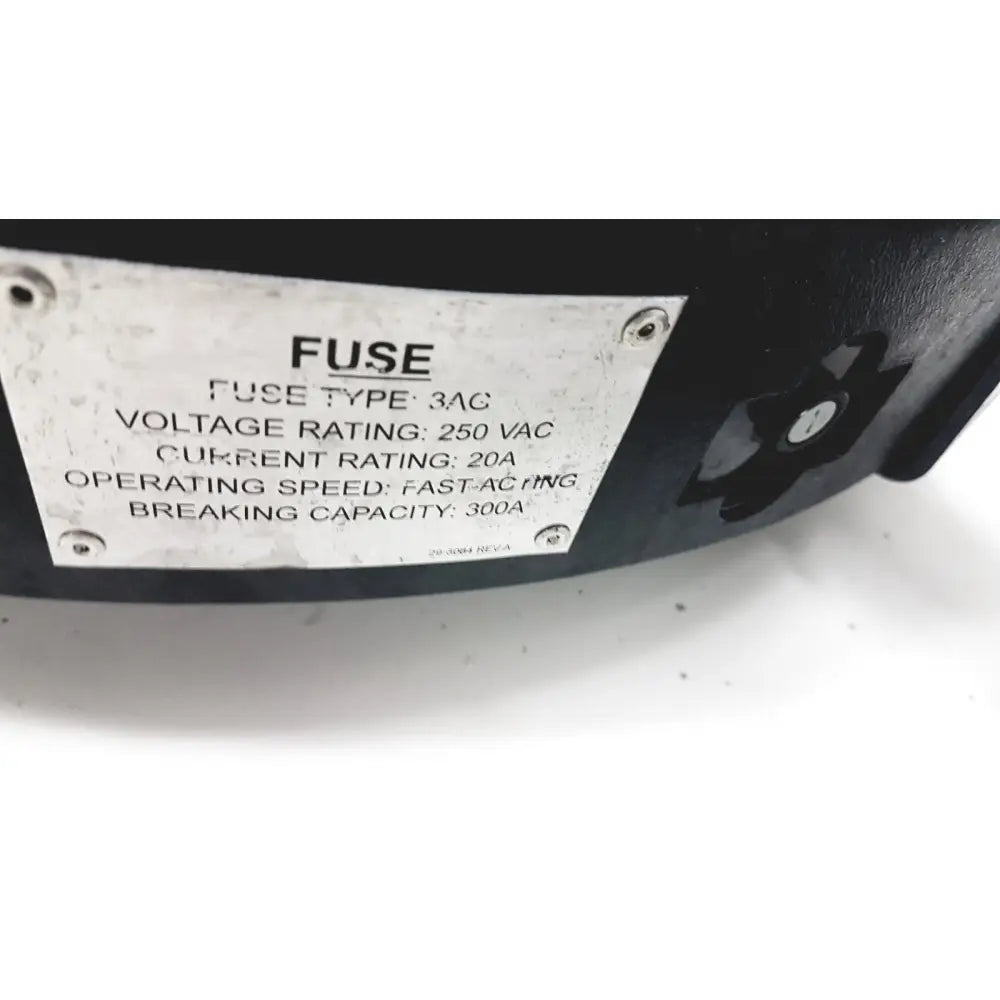 Black electrical fuse with white label showing 250vac and 20a ratings for uVDI-360 generation room sanitizer with iot smart device connectivity