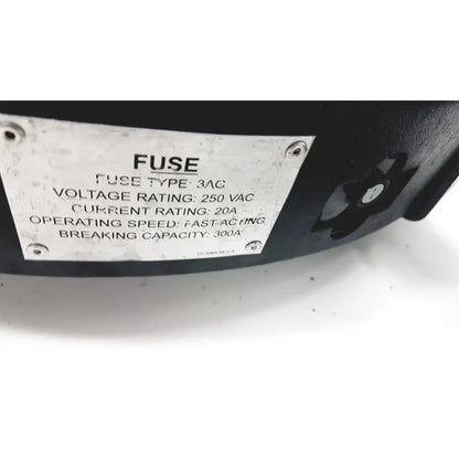 Black electrical fuse with white label showing 250vac and 20a ratings for uVDI-360 generation room sanitizer with iot smart device connectivity