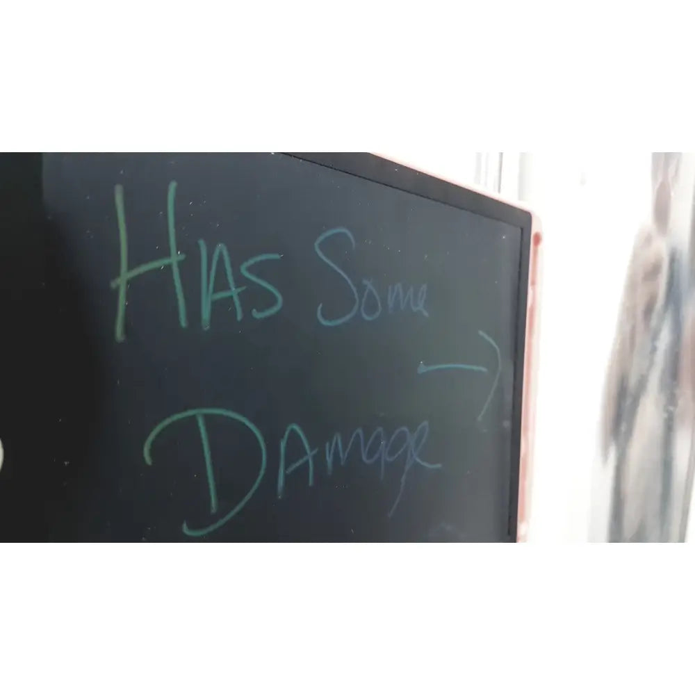 A black chalkboard with green text indicating has some damage in a pink frame for UVDI-360 generation room sanitizer with iot smart device connectivity