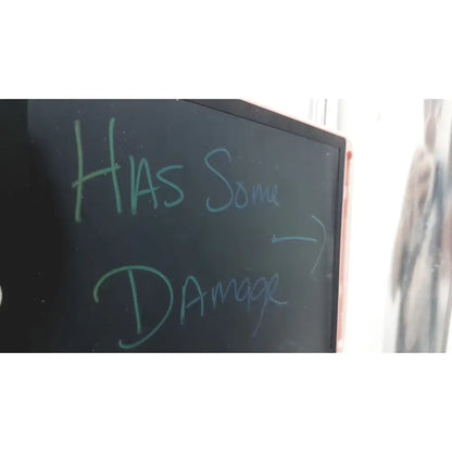 A black chalkboard with green text indicating has some damage in a pink frame for UVDI-360 generation room sanitizer with iot smart device connectivity