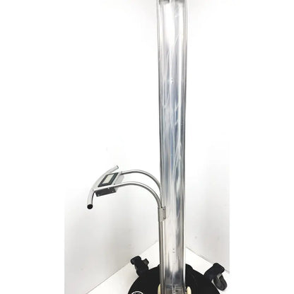 Silver metallic generation room sanitizer stand with curved arm holding tablet and iot smart device connectivity