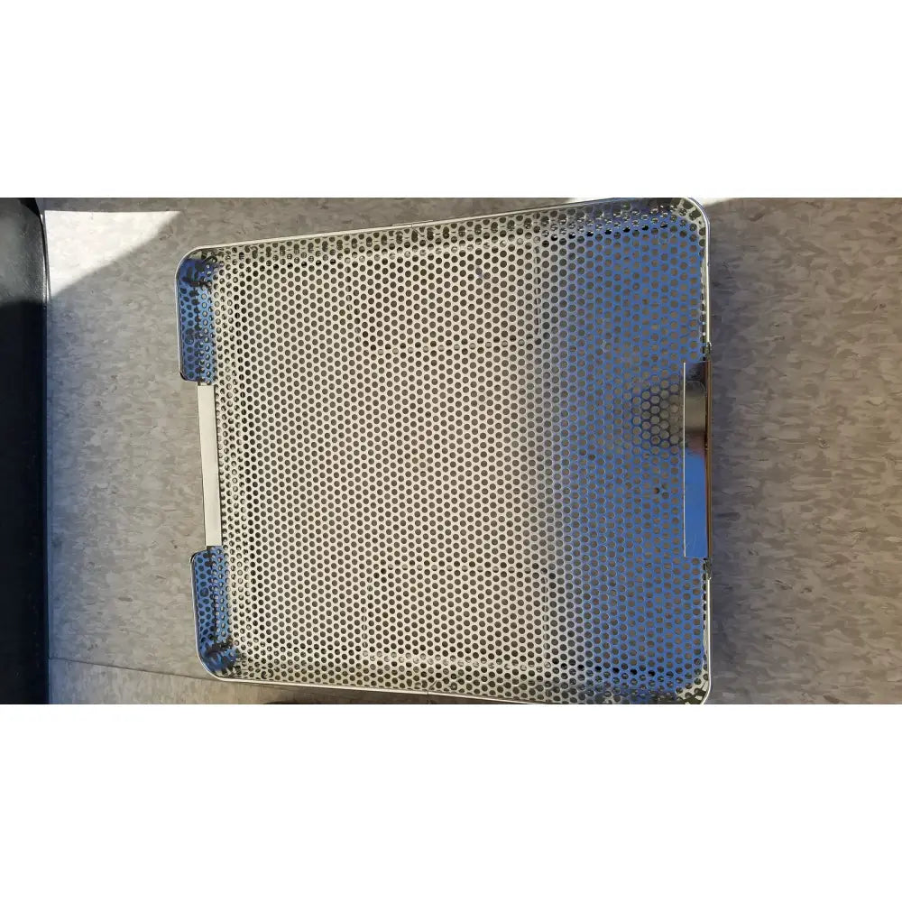 Rectangular stainless steel mesh sterilization container tray with blue handles for V Mueller cd1-4b genesis carefusion