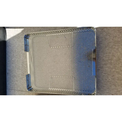 Rectangular stainless steel mesh sterilization container tray with blue handles for V Mueller cd1-4b genesis carefusion
