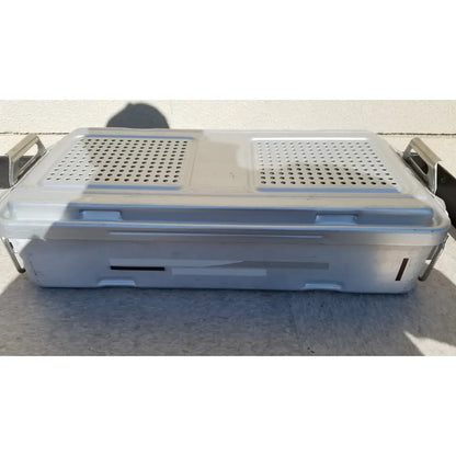 Silver metallic dincd3-5lt genesis carefusion sterilization container with perforated lid and sturdy handles 5 inch deep