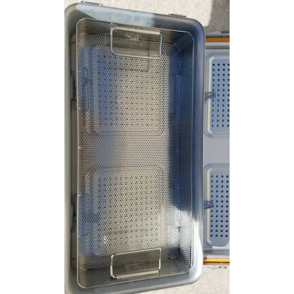 Gray plastic dincd3-5lt genesis carefusion sterilization container with stainless steel mesh interior and metal handles