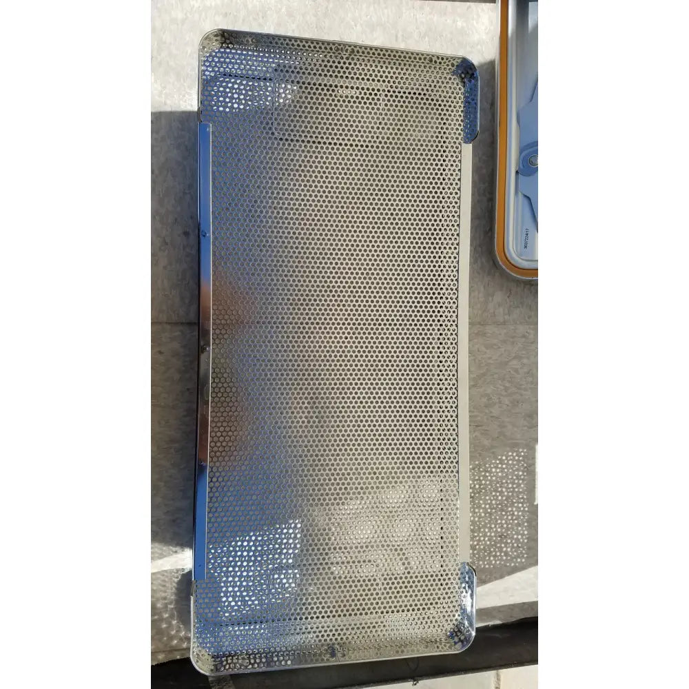 Silver perforated metal phone case with blue plastic trim for dincd3-5lt genesis carefusion sterilization container