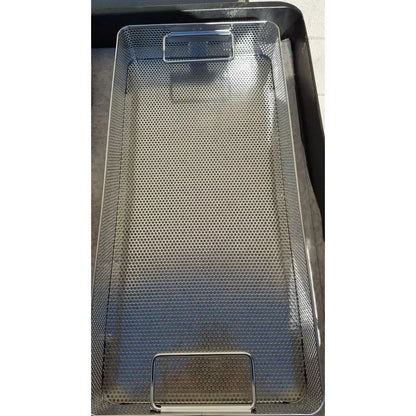 Rectangular stainless steel mesh basket with reinforced handle bars for Genesis CareFusion sterilization dincd3-5lt container