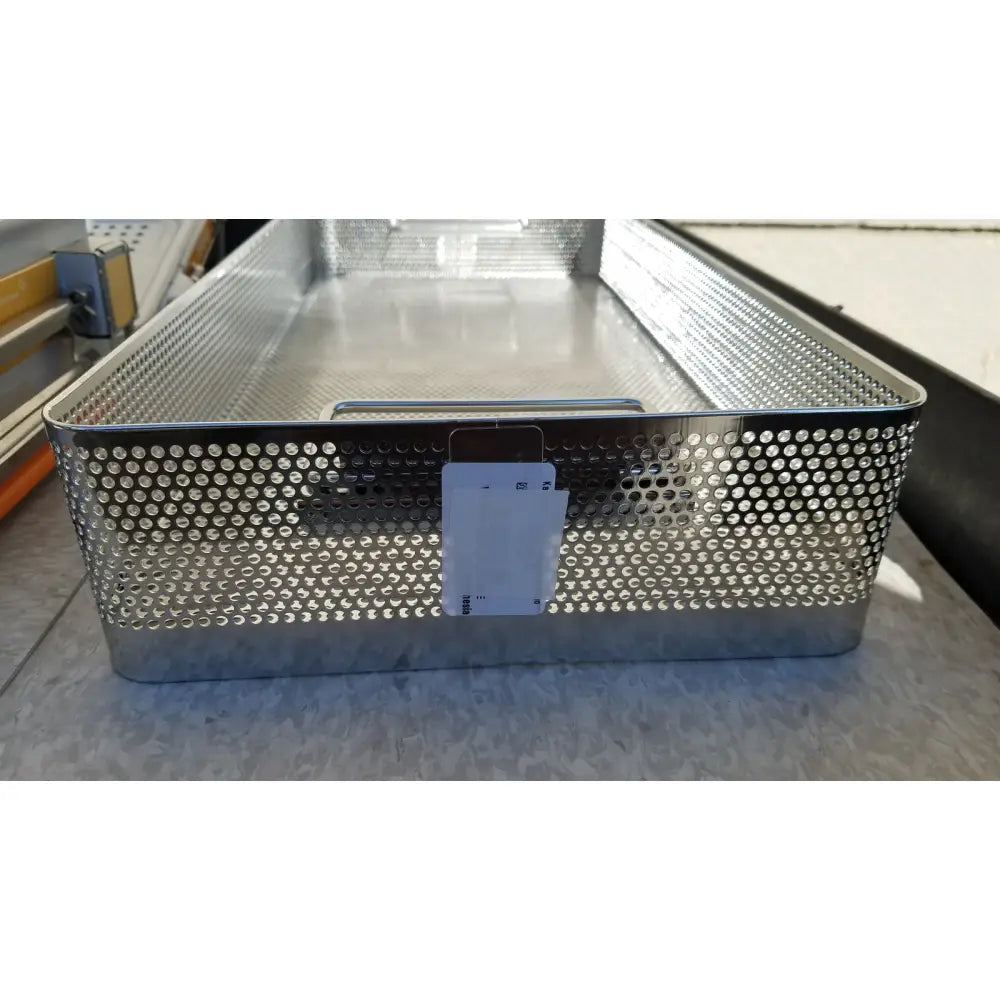 Silver perforated metal storage basket with handle for genesis carefusion sterilization container dincd3-5lt 5 inch deep