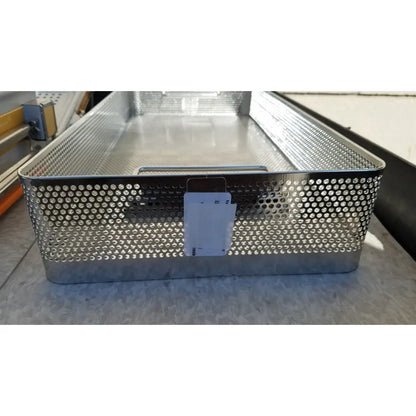 Silver perforated metal storage basket with handle for genesis carefusion sterilization container dincd3-5lt 5 inch deep