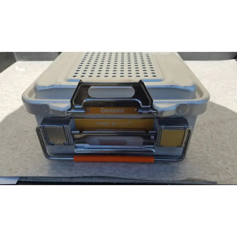Silver and orange genesis carefusion sterilization tool case dincd3-5lt with perforated lid metal latches and reinforced corners