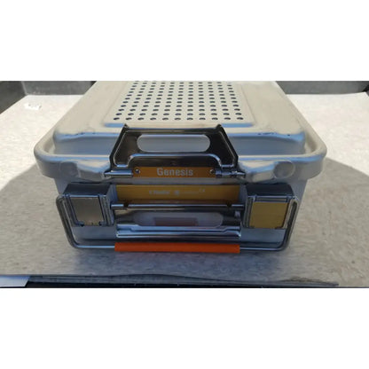 Silver and orange genesis carefusion sterilization tool case dincd3-5lt with perforated lid metal latches and reinforced corners