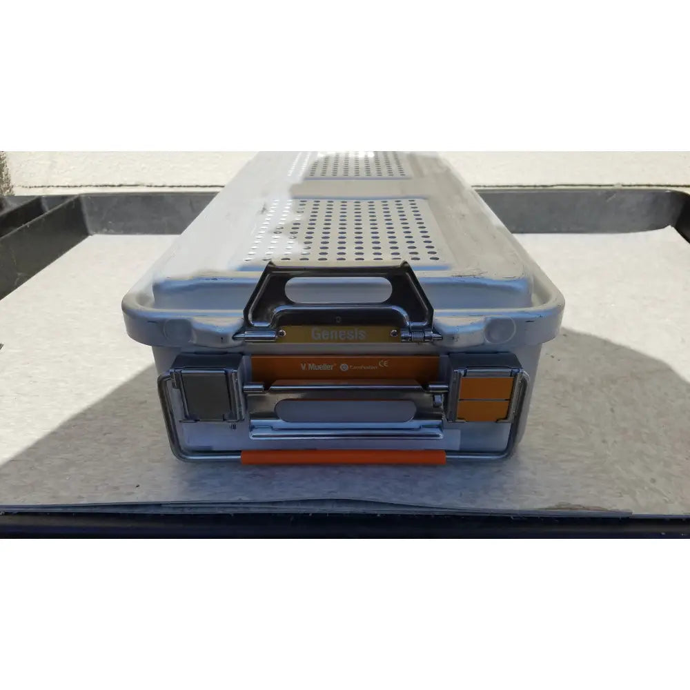 Gray and orange plastic genesis sterilization container dincd3-5lt with black handle perforated lid and metal latches