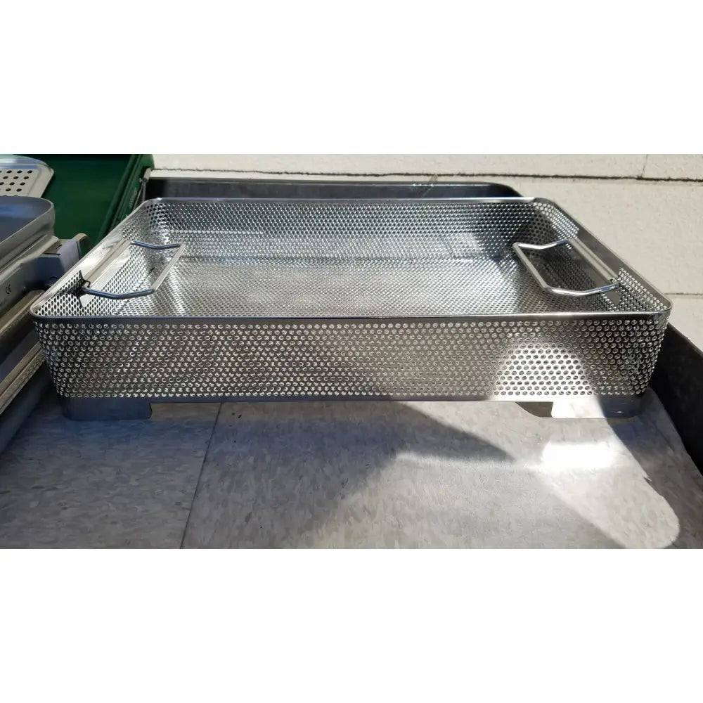 Stainless steel mesh surgical instrument basket with reinforced handles for genesis carefusion sterilization container