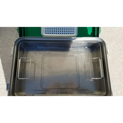 Silver mesh basket with two side handles inside green genesis carefusion sterilization container 5 inch deep solid