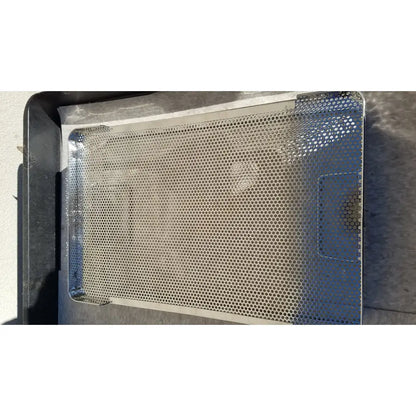 Silver perforated metal baking tray with rectangular handle for genesis carefusion sterilization container cd2-5c