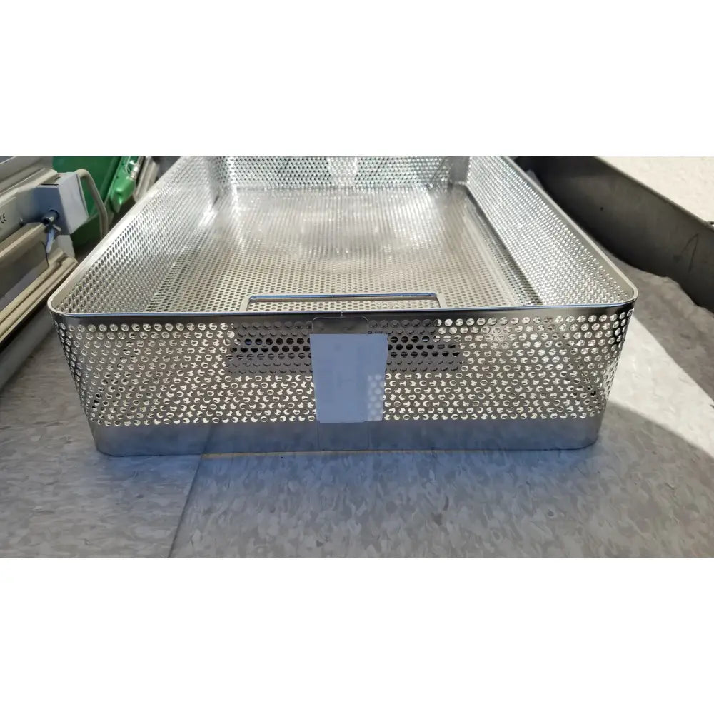 Rectangular stainless steel mesh basket with perforated sides and solid handle for genesis carefusion sterilization container