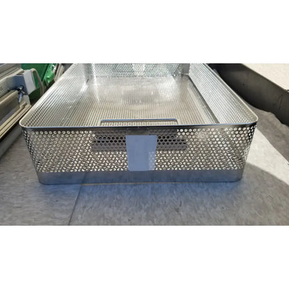 Rectangular stainless steel mesh basket with perforated sides and solid handle for genesis carefusion sterilization container
