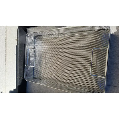 Rectangular stainless steel mesh baking pan with reinforced side handles for genesis carefusion sterilization container use