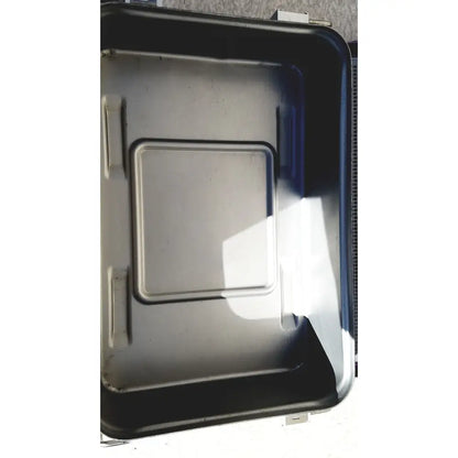 Black plastic genesis carefusion sterilization container with rectangular lid and molded handles 5 inches deep