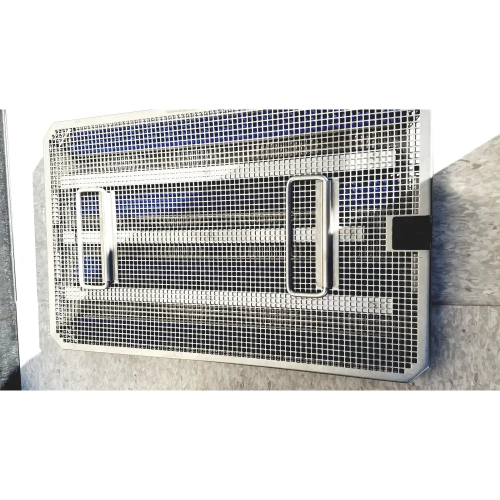 Silver mesh tray with two rectangular handles and black latch in V.Mueller Genesis CareFusion sterilization container 5 deep