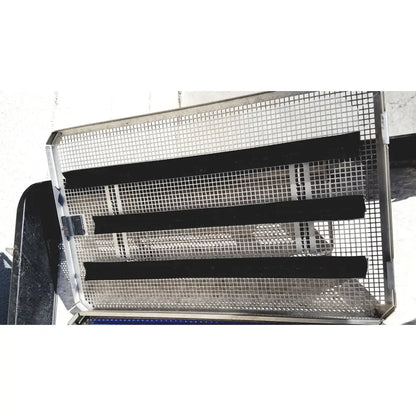 Rectangular metal mesh tray with three black rubber strips for genesis carefusion sterilization container 5 inch deep