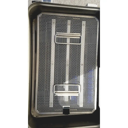 Stainless steel mesh tray with two rectangular handles and black latch in V.Mueller Genesis CareFusion sterilization container 5 inch deep