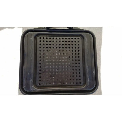 Black plastic tool tray with circular perforations and molded handle for genesis carefusion sterilization container use