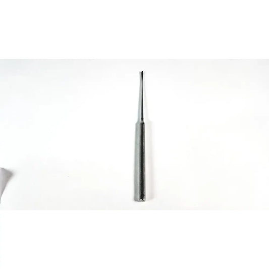 Silver-colored slender metal mueller nl1093 penfield ear cleaning tool with tapered tip and textured grip for surgical use