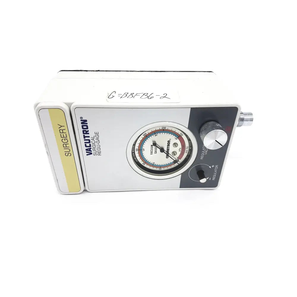 White Vacutrol Health Care surgical vacuum regulator with circular gauge and silver control knobs for health care surgical use