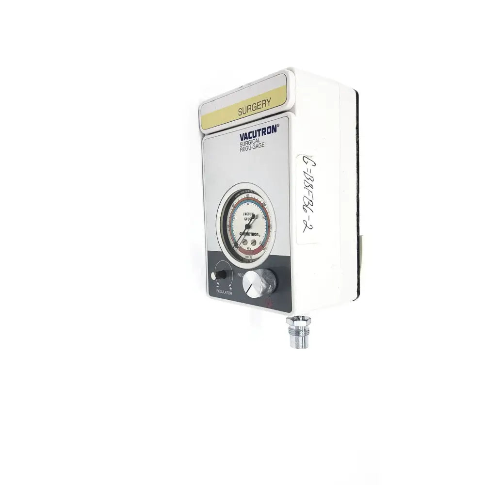 White and gray vacutrol health care surgical regulage with circular pressure gauge knobs and yellow surgery label on top