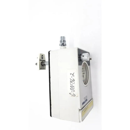 White rectangular industrial pressure gauge with silver dial and metallic fittings for vacutrol health care sugrical use