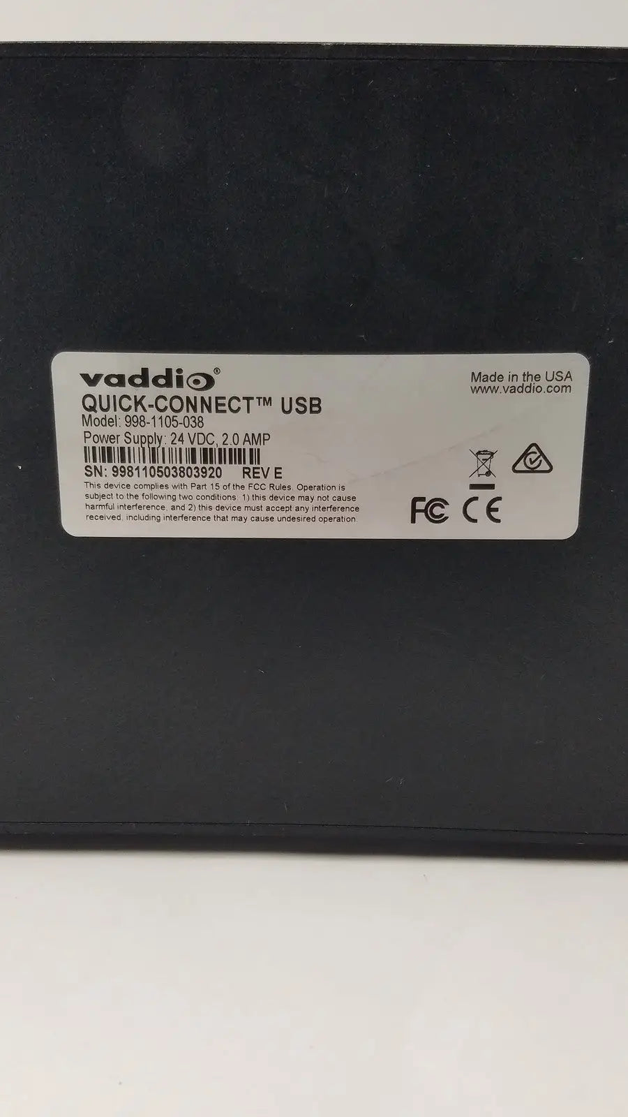 Vaddio Quick Connect USB Power Supply Model 998-1105-038 Camera Interface, second-hand product photo 5