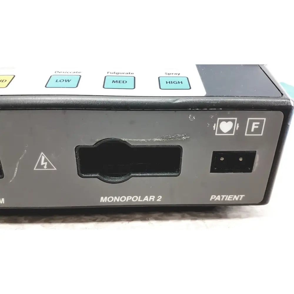 Gray valleylab force electrosurgical unit back with labeled controls for desiccate fulgurate spray and foot pedal port